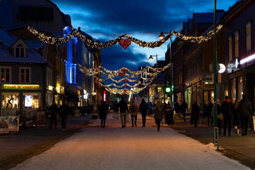 The city streets of Tromsø, adorned with Christmas decorations.