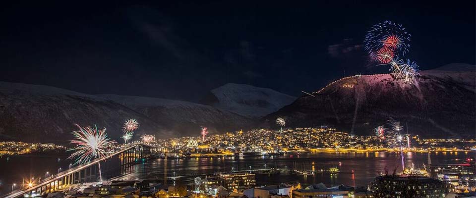 Tromsdalen mountain fireworks at the year change to 2018.